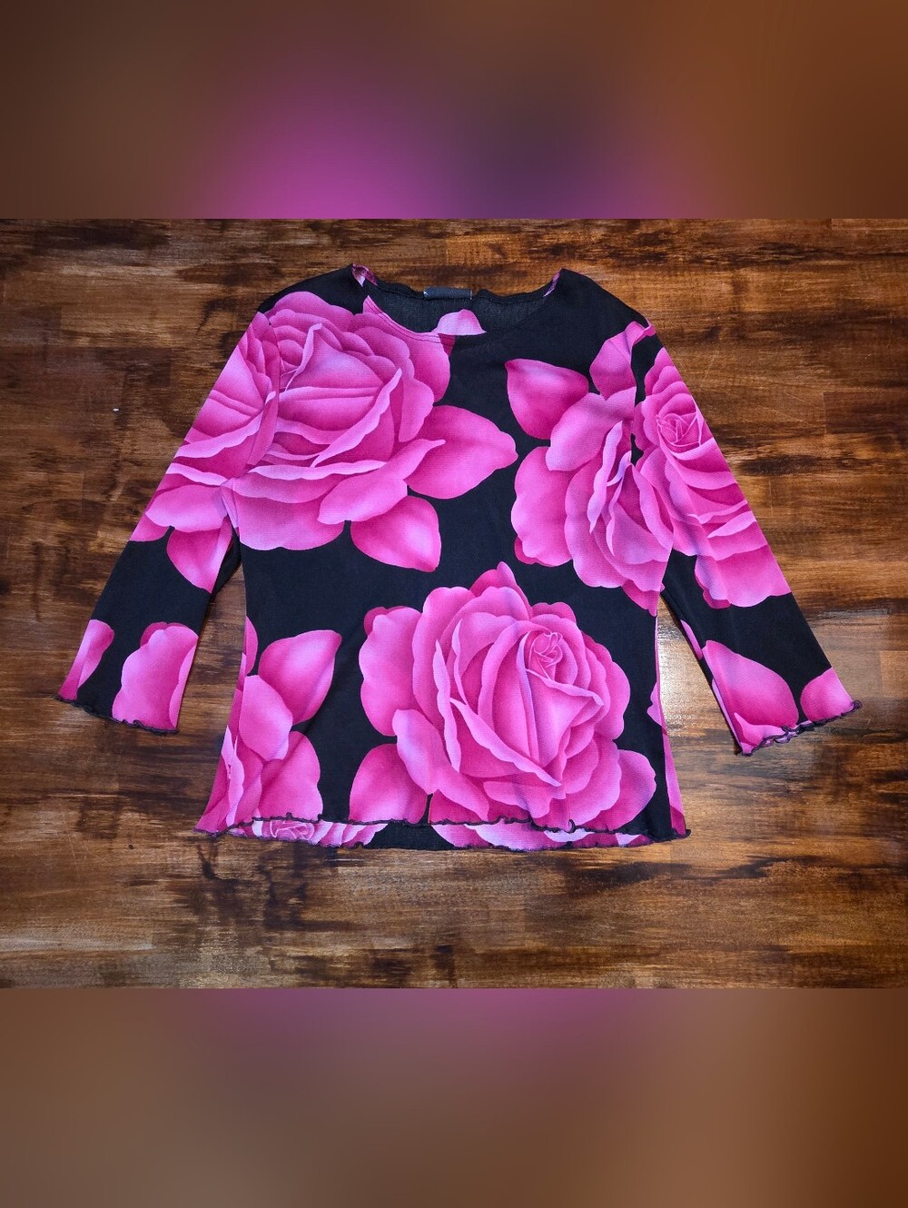 Y2K lettuce edge rose mesh 3/4 sleeve shirt sz M Grunge Whimsygoth 90s